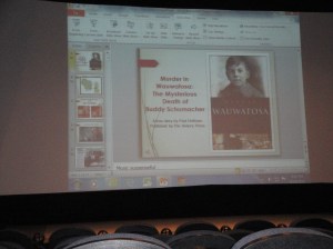 The PowerPoint presentation included sound effects and portions of newspaper covered read over the slides.